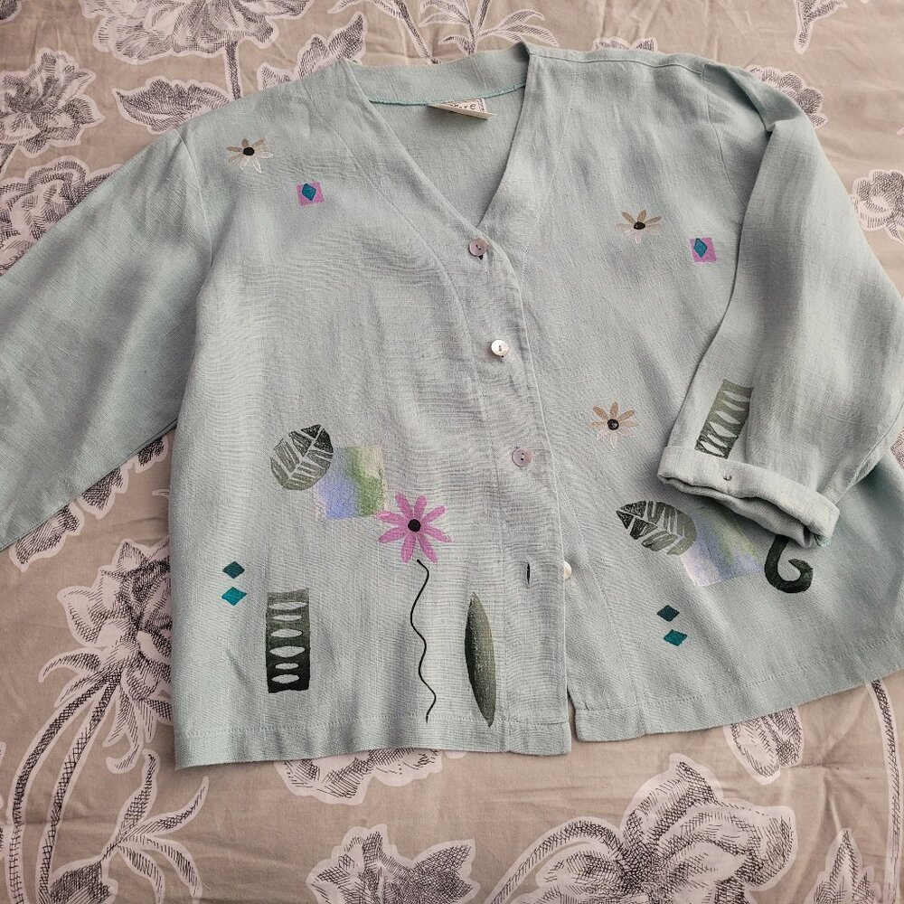 Vintage Play Alegre Hand Painted Mint Green Cotton/Linen Jacket Size Small EUC